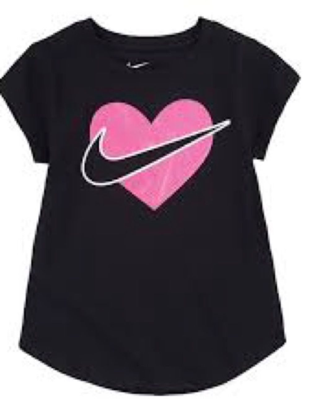 Nike Kids Black Tee with Pink Heart and White Swoosh Large (6-7 yrs)